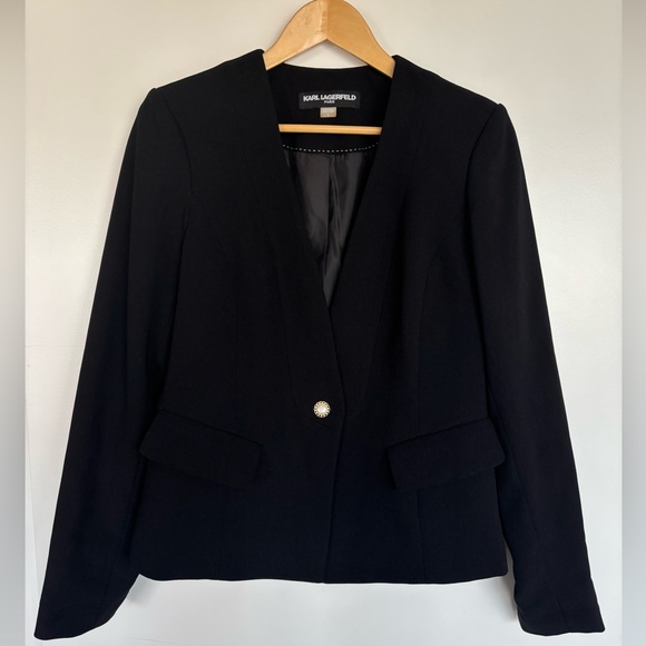 KARL LAGERFELD 18” PTP Suit Jacket with Pearl Detail, Black, Size 8. - Picture 4 of 10